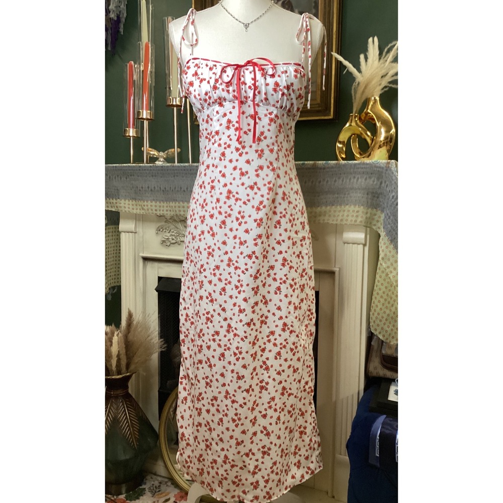 B. Darlin Floral‎ Milkmaid Midi Dress White Red Rose Tie Shoulder Size 1/2